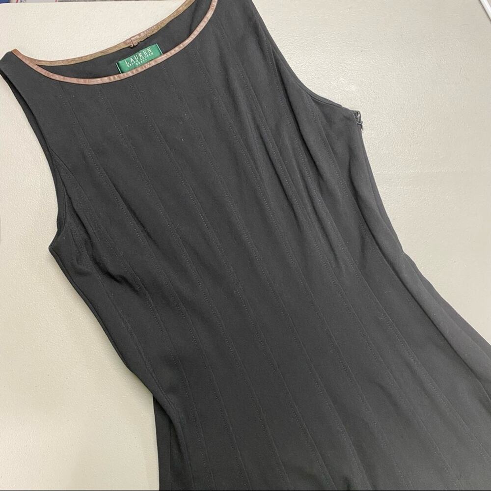 Ralph Lauren Dress Sleeveless Black Brown Lamb Leather Trim Size 10
